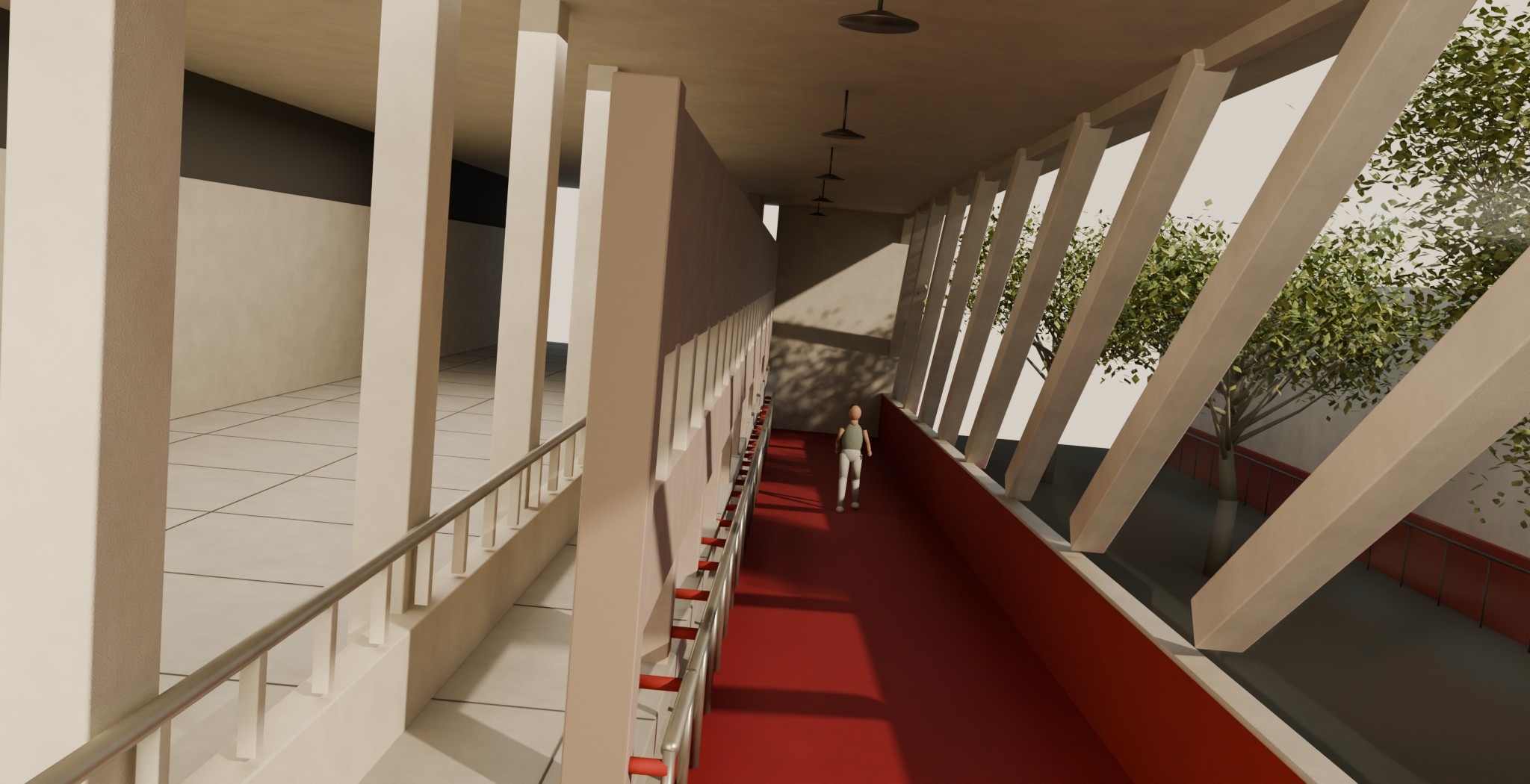 Rendered school corridor with a red passage, concrete columns, warm sunlight, and tree shadows.